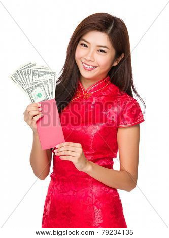 chinese woman hold red pocket money with usd