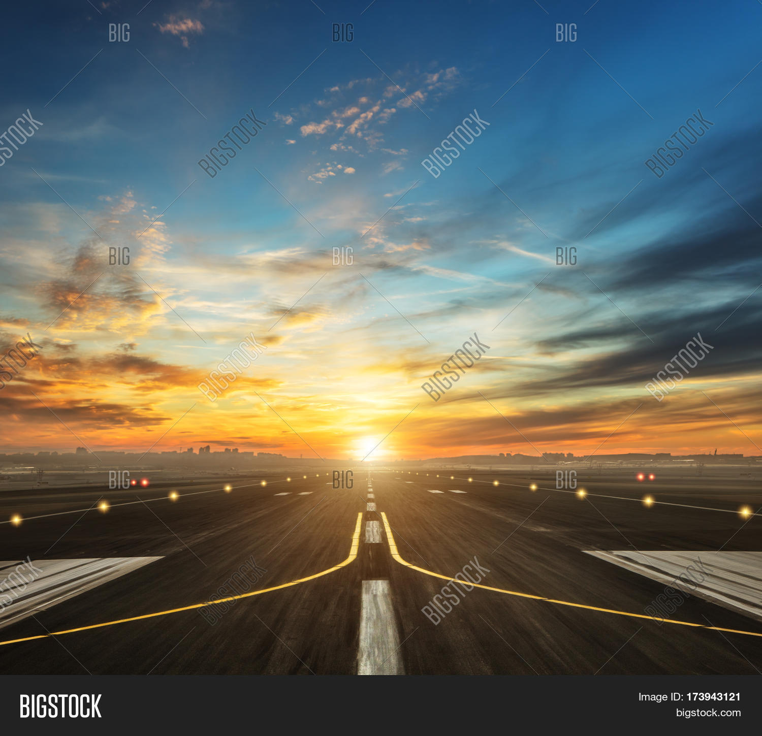 airport runway in the evening sunset light, ready for airplane
