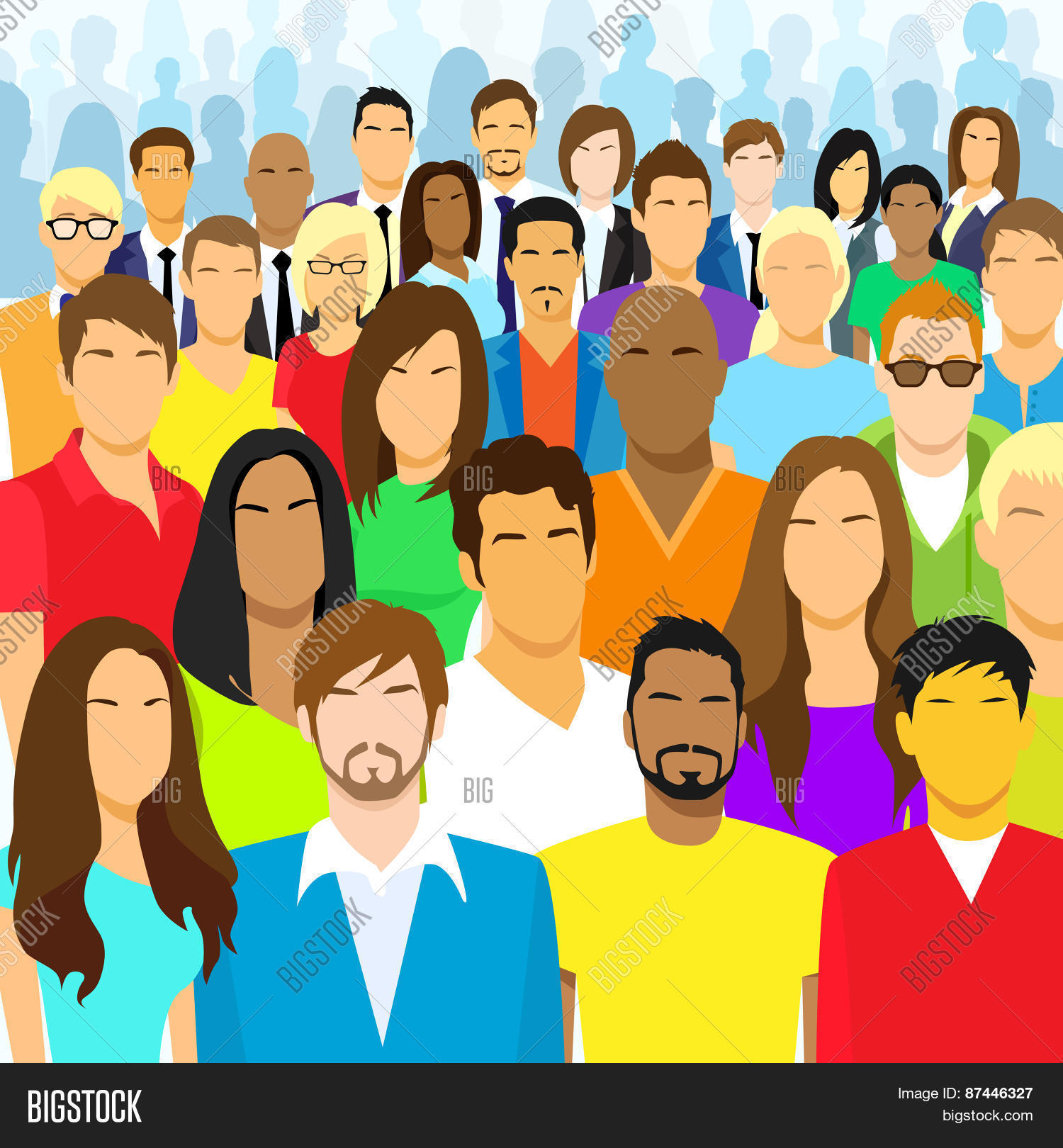 group of casual people face big crowd diverse ethnic vector