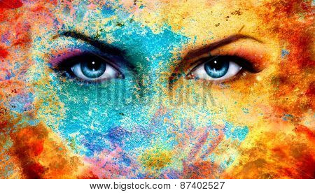 a pair of beautiful blue women eyes beaming, color rust effect