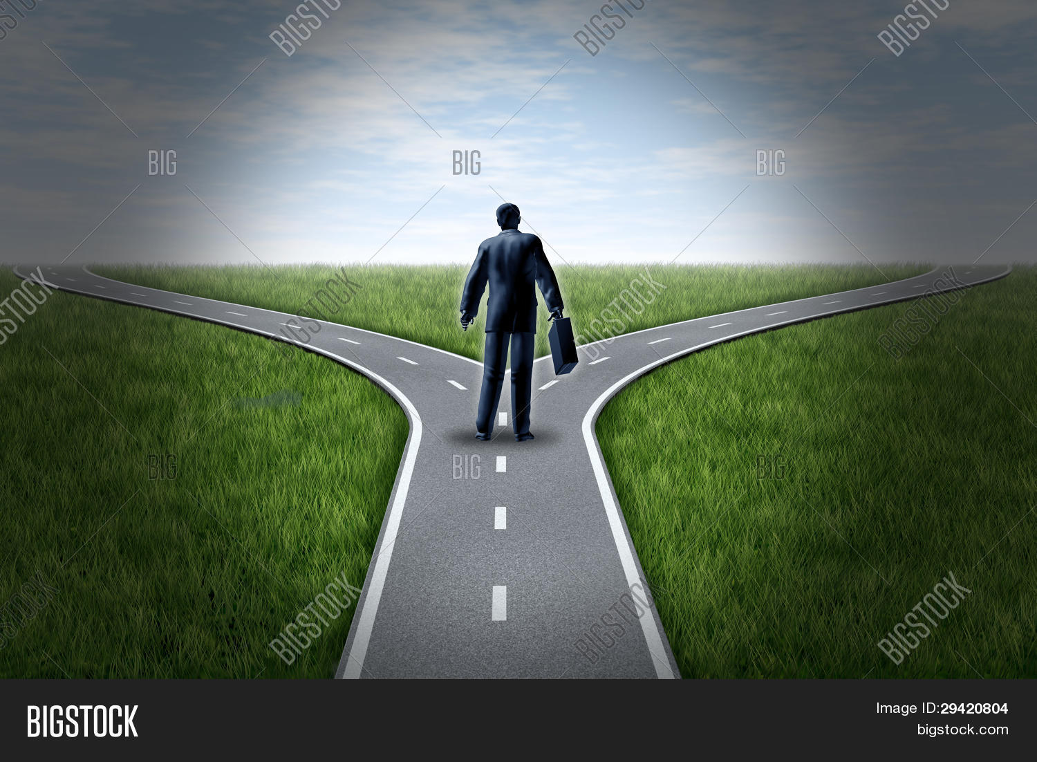 at a horizon with grass and blue sky showing a fork in the road