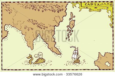 复古地图金银岛高船鲸鱼