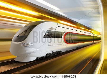 超级流线型的列车与运动模糊在隧道中移动