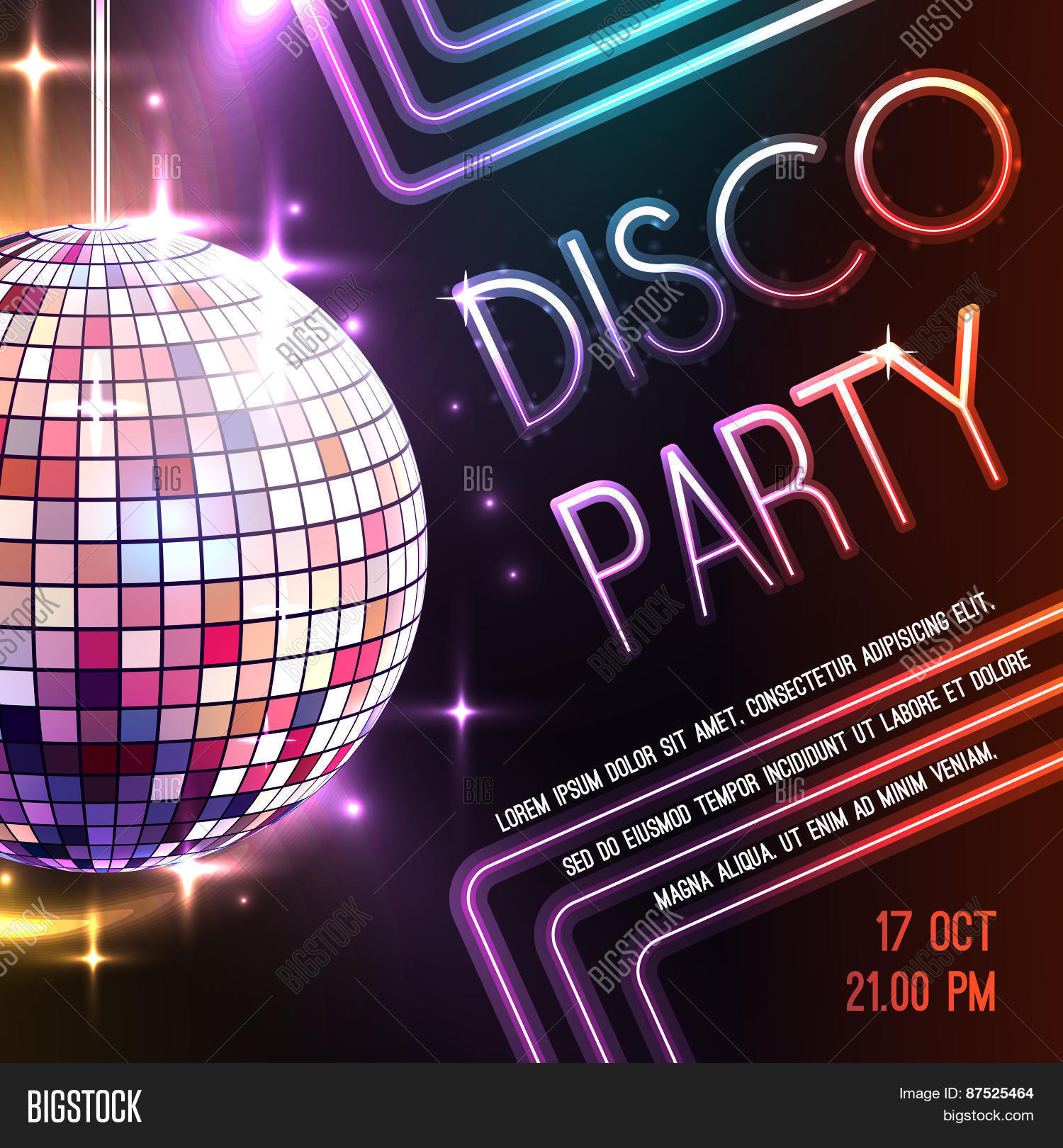 disco dance party poster with glass ball decoration vector