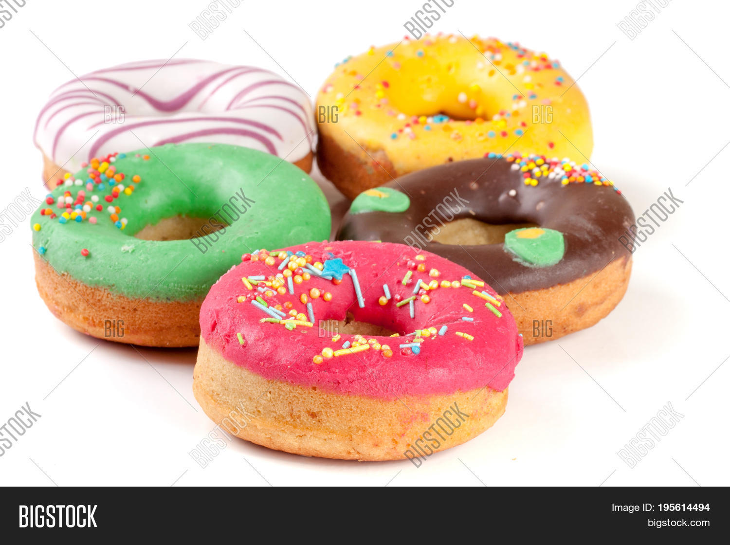 five glazed donut isolated on white background.