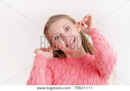 portrait of cheerful girl with protruding ears
