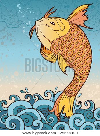 以手绘从波跳的锦鲤.