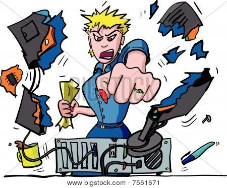 Computer Rage Illustration of office worker punching VDU : Bigstock