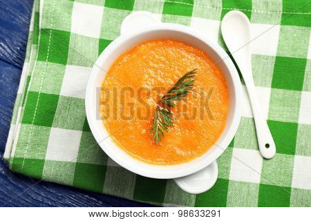 carrot cream-soup on table close up