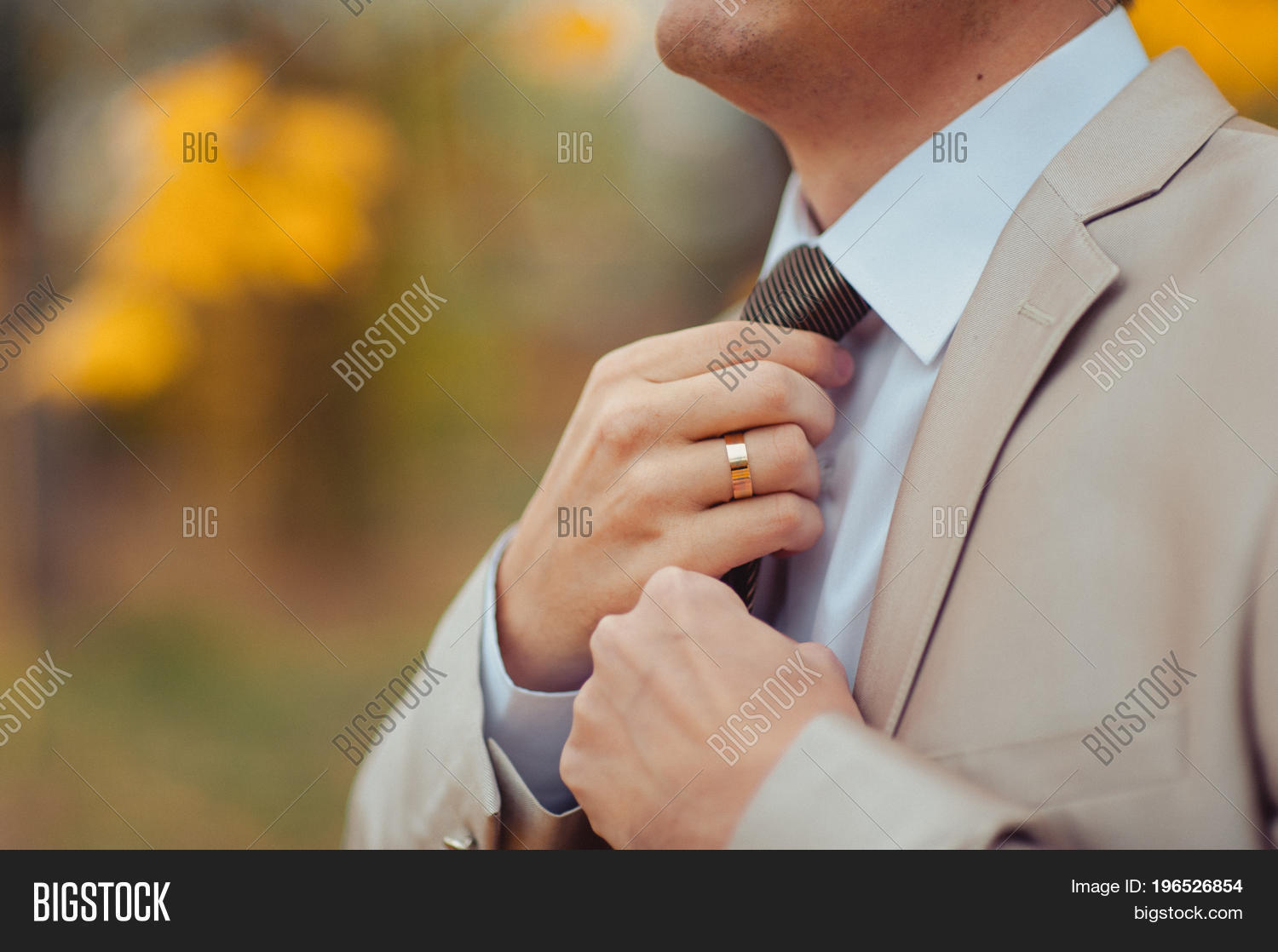 the groom in a suit corrects a tie. grooms accessories
