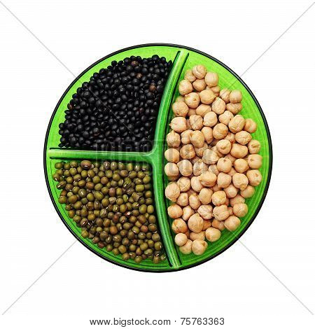 chick-pea, mung bean and black lentils isolated on white back