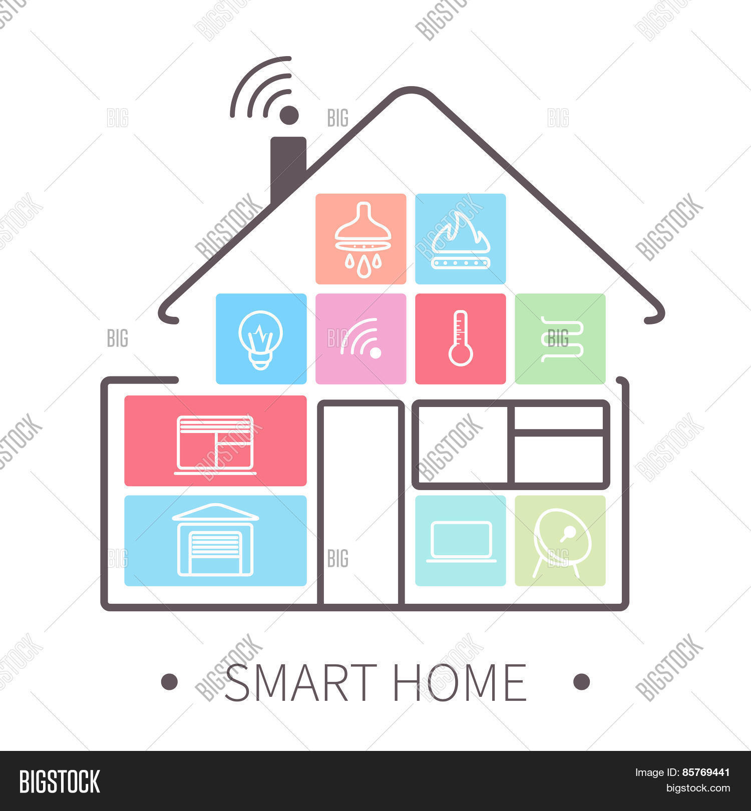 smart home with outline icons on smart phone. flat design.eps 8.