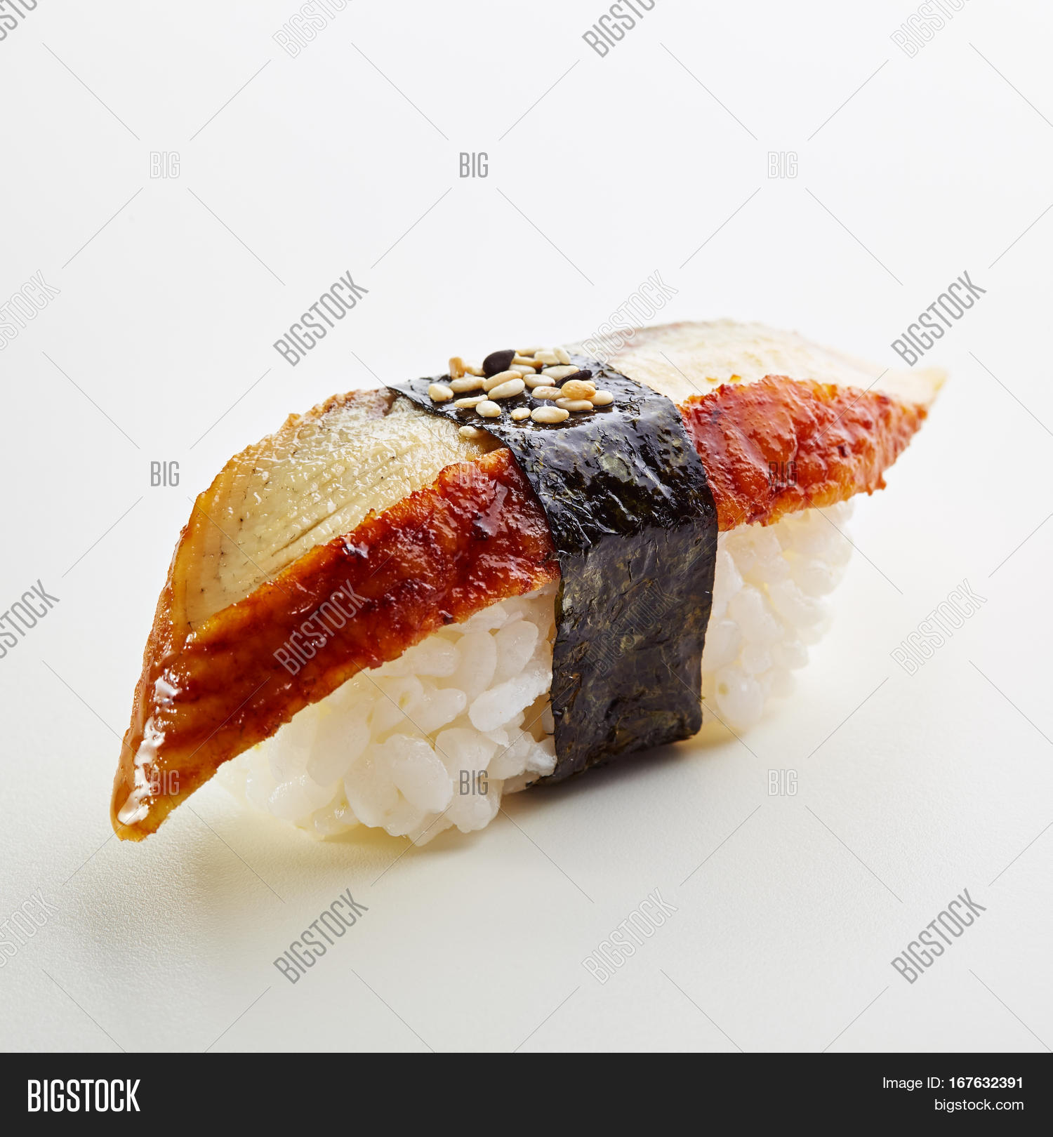 japanese sushi - unagi nigiri sushi (eel sushi) on white back
