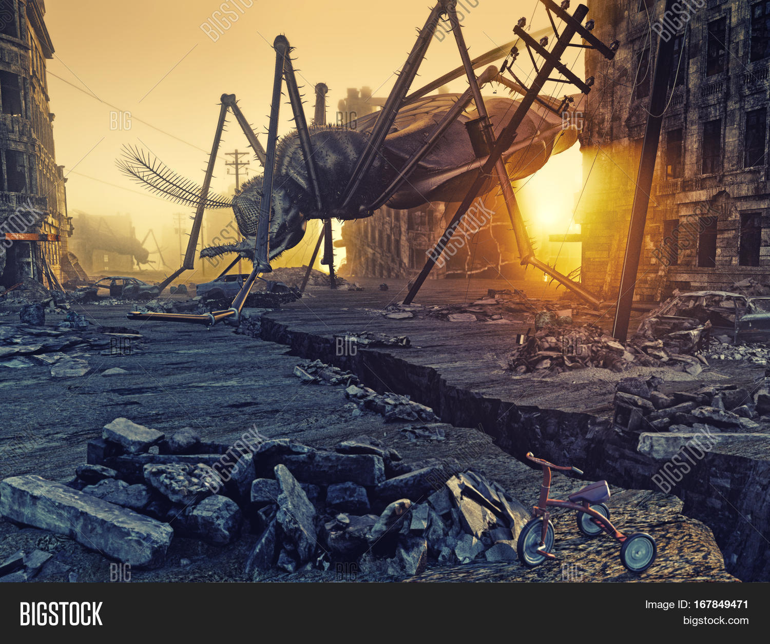 giant insects destroy the city. 3d concept