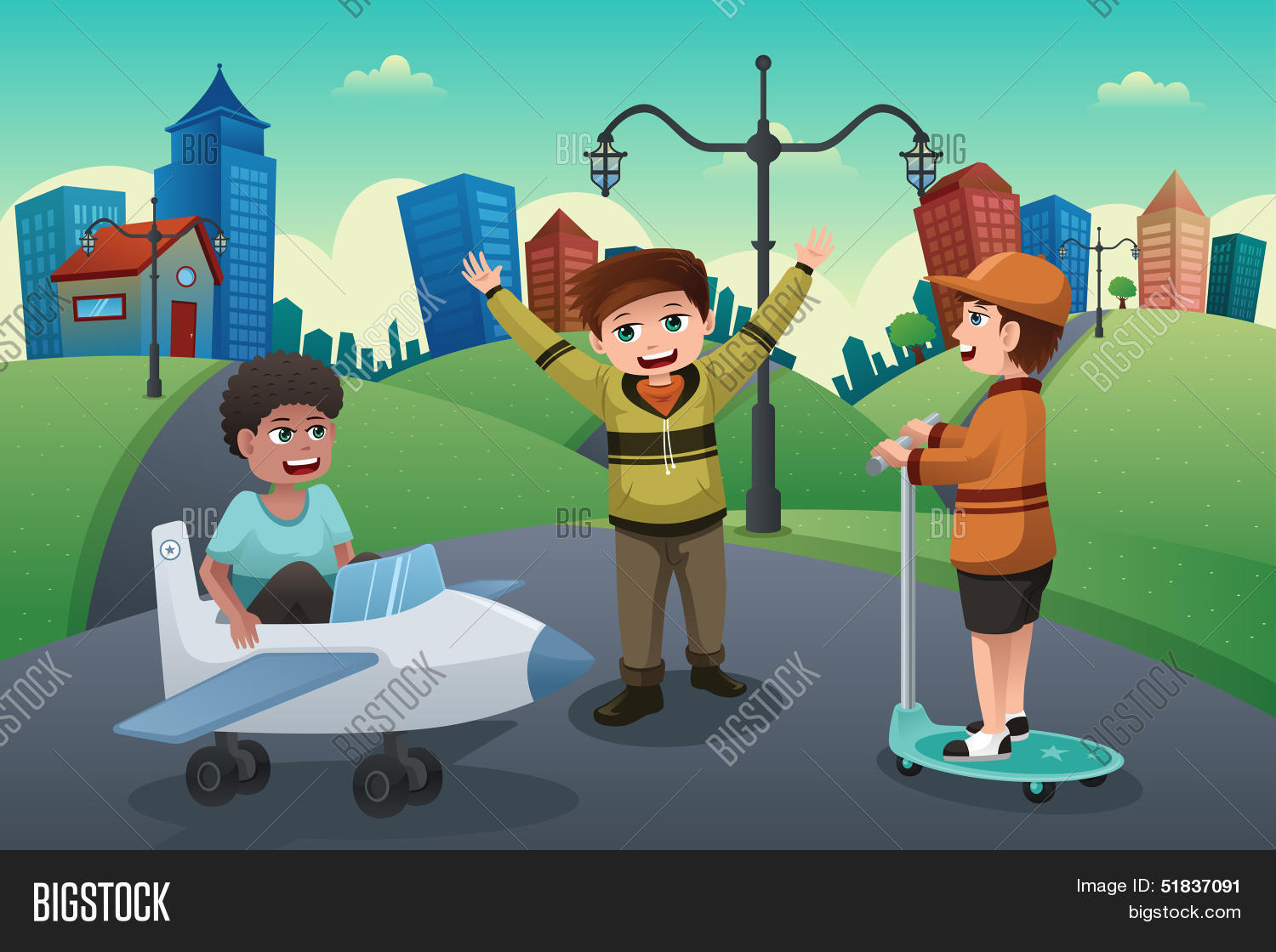 a vector illustration of happy kids playing in the street of a