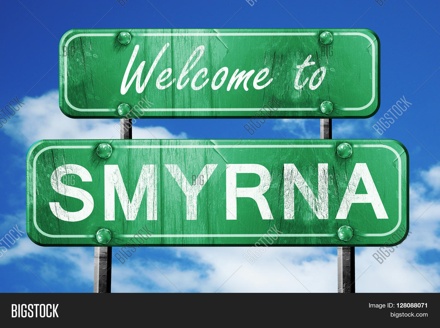 smyrna vintage green road sign with blue sky background