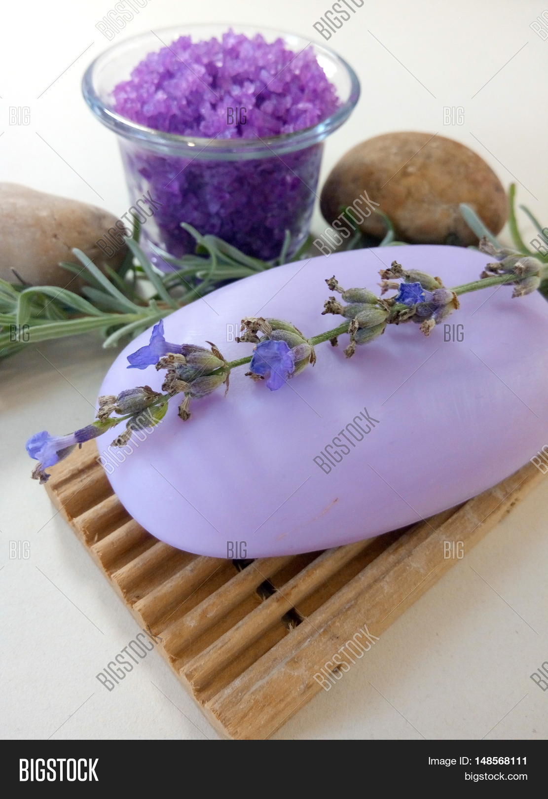natural soap with lavender on a stand, sprigs of lavender, sea