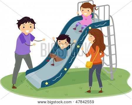 火柴人家族在操场上与孩子们在幻灯片中播放的插图