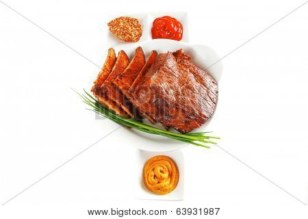 served beef meat fillet mignon with spices and toasted bread