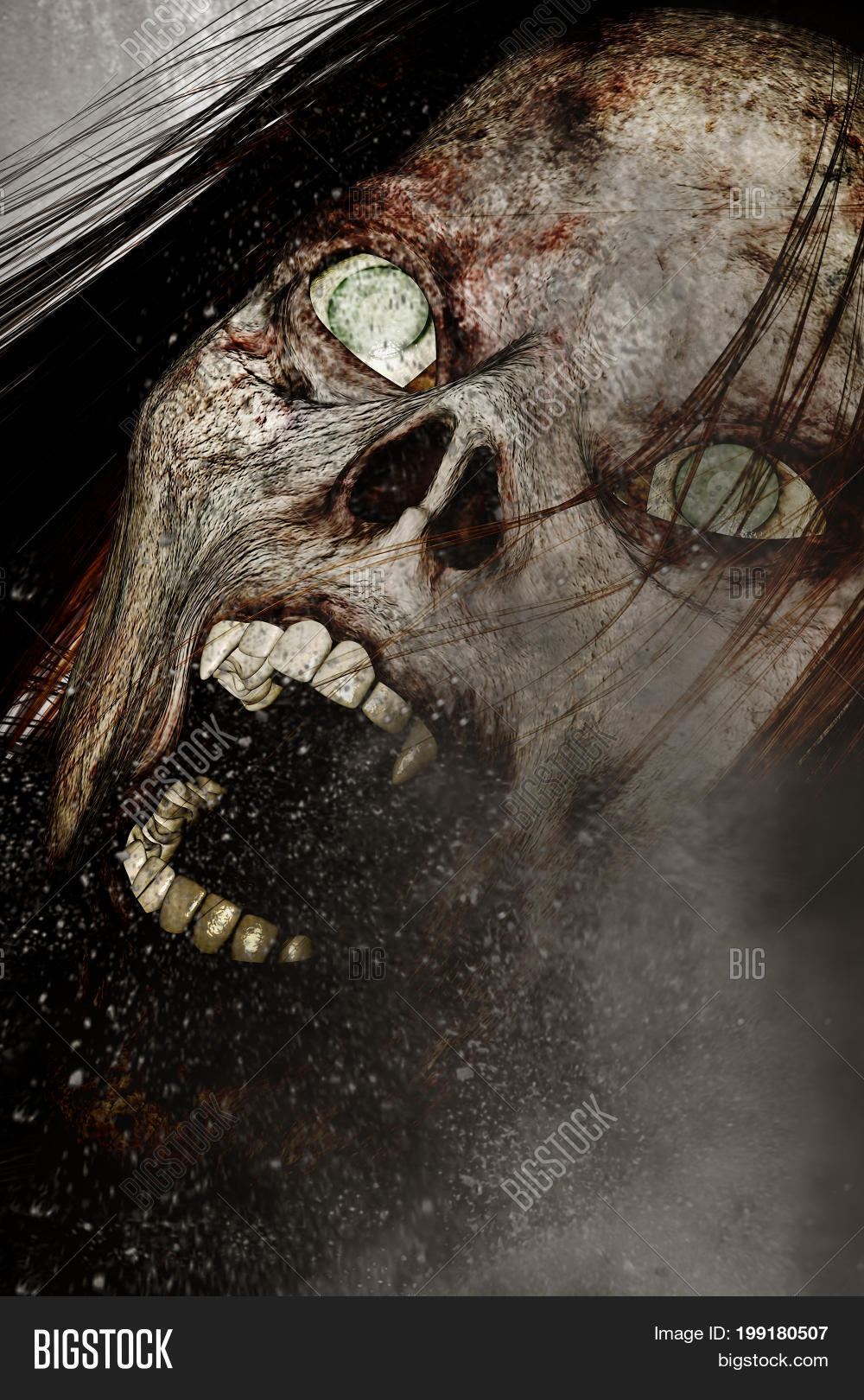 3d illustration of close up scary ghost woman,horror background